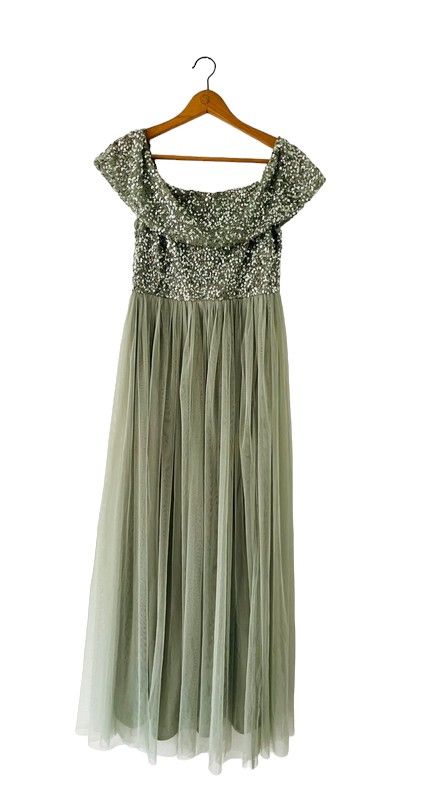 Maya Deluxe size 12 light green sequin off the shoulder maxi dress