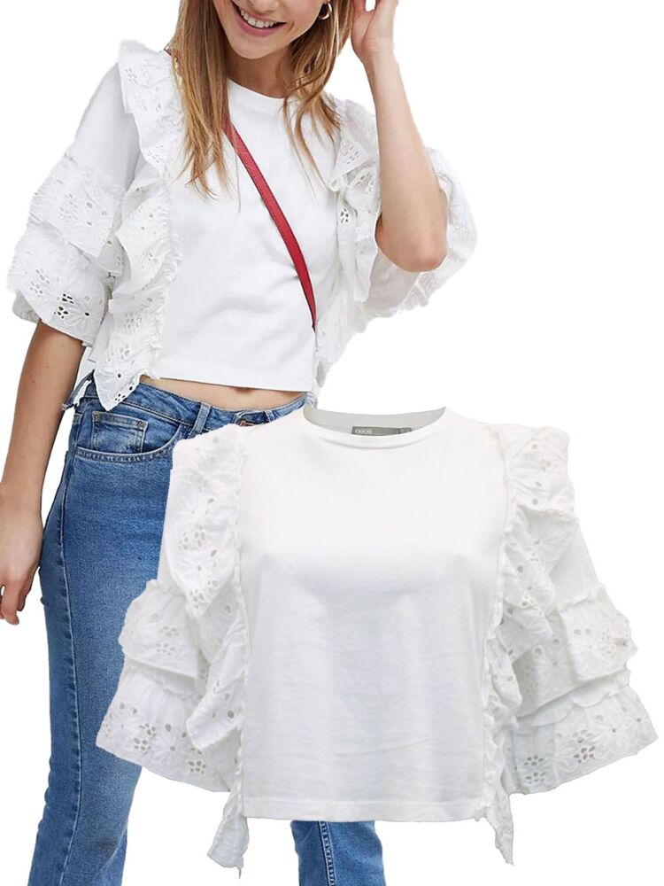 New Asos white pure cotton broderie ruffle crop top sizes 6-22