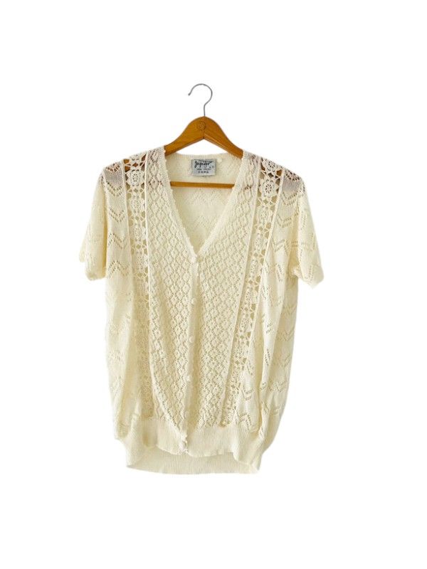 Jupiter size 12-14 hand crochet cream short sleeve cardigan