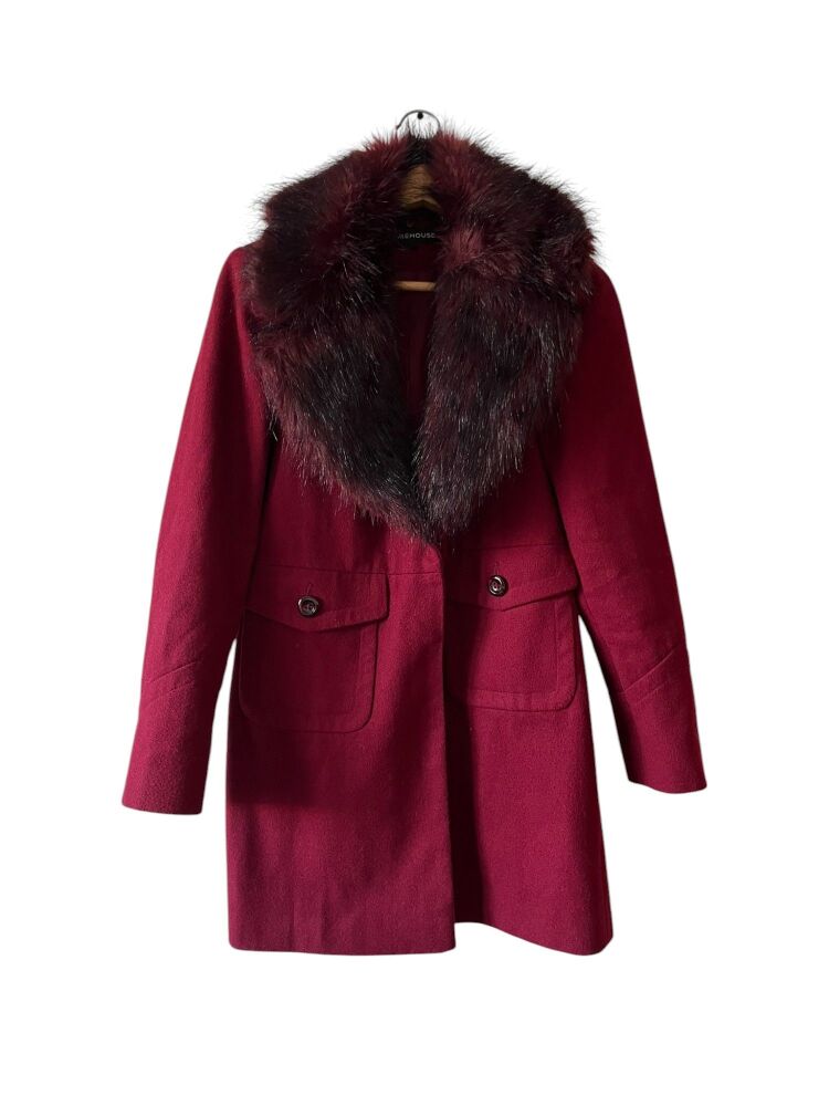 Warehouse Size 10 Burgundy Faux Fur Collar Coat