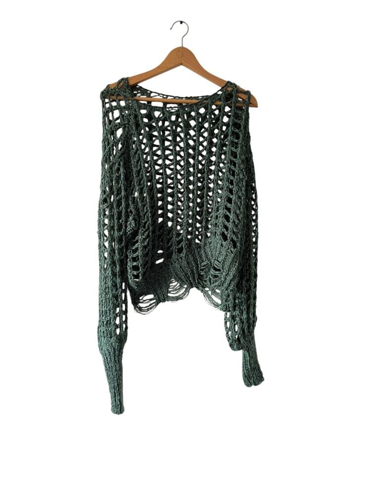 One Size (will fit upto size 14)  Dark Green Open Knit Jumper