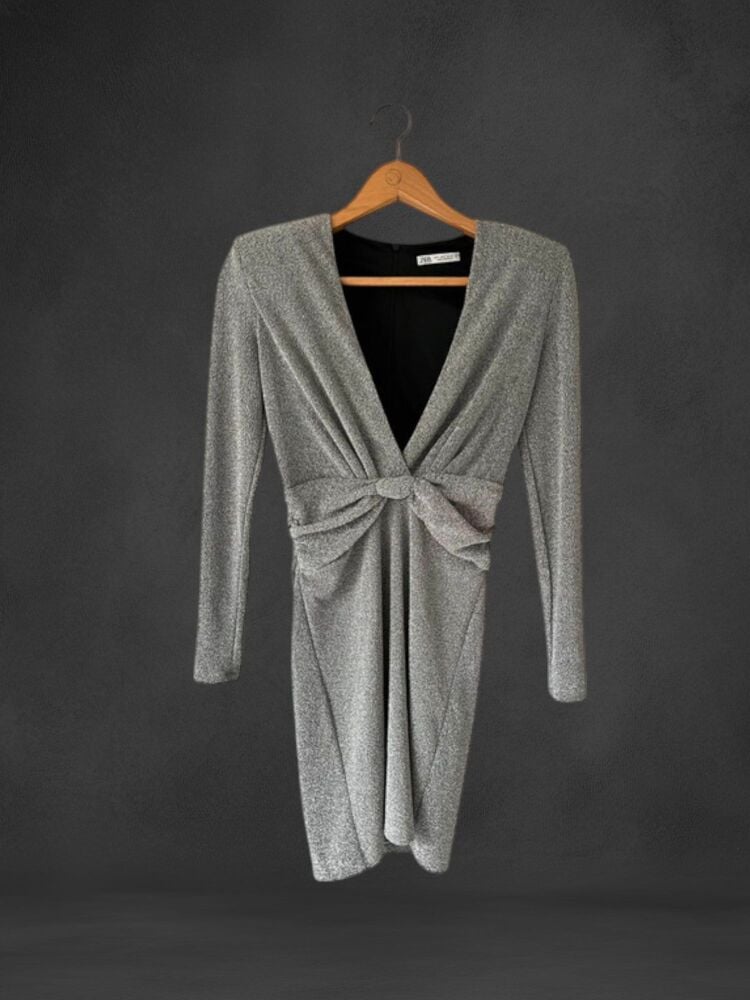 Zara Size S Silver Sparkly Long Sleeve Fitted Dress