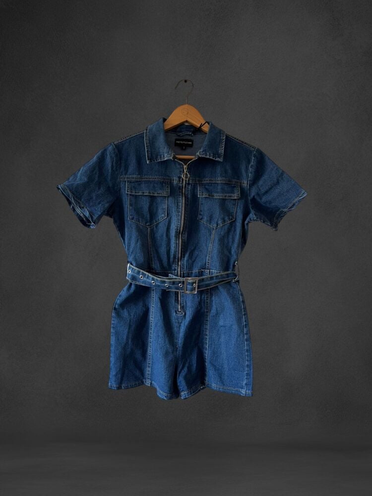 New With Tags, PRETTYLITTLETHING Size 8 Denim Hotpant Playsuit