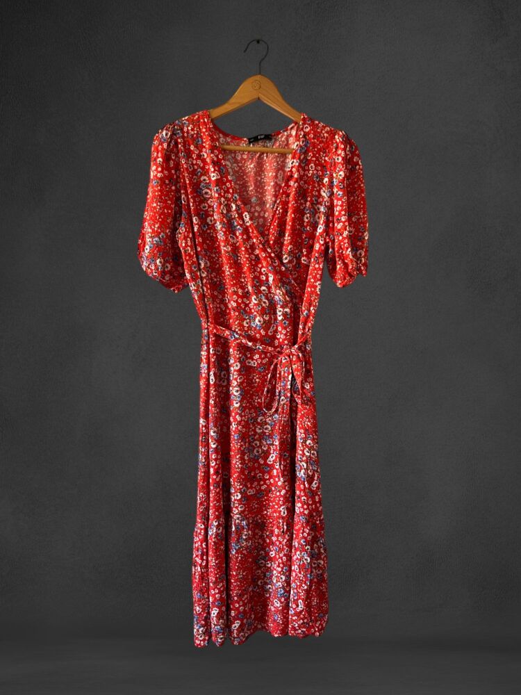 F&F Size 14 Red Floral Print Short Sleeve Midi Dress