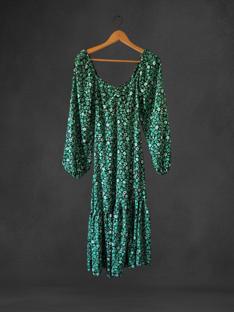 New Look Size 10 Green & Black Floral Print Midi Dress