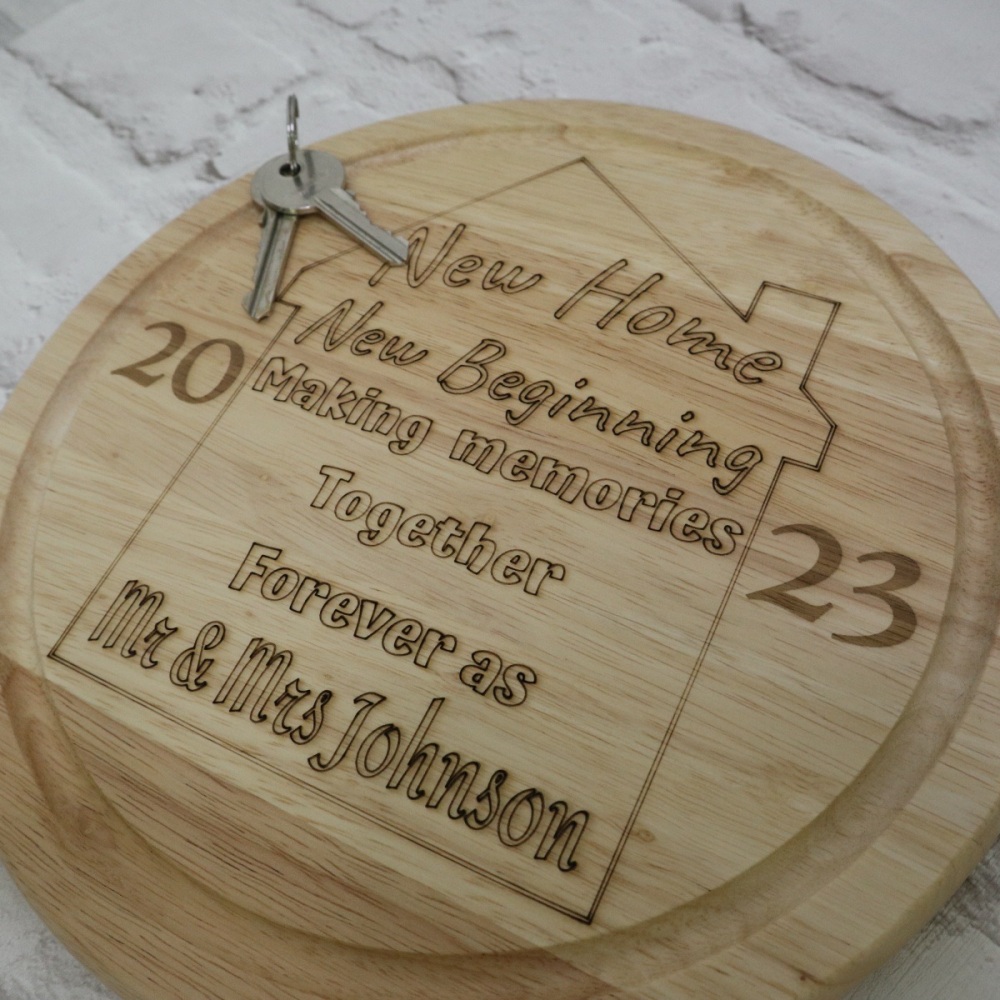 New Home New Beginning 2023 Personalised Round Pine Chopping Board