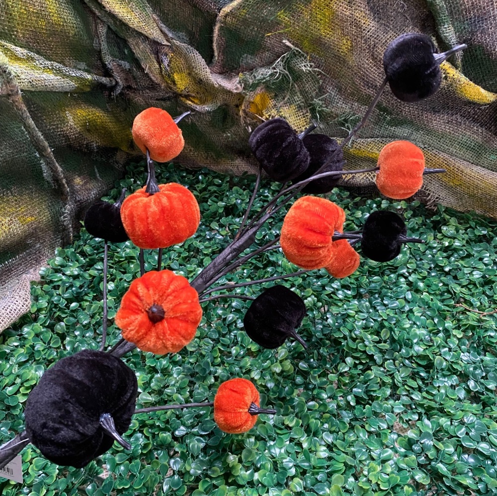 Orange & Black  Velvet Pumpkin Branch