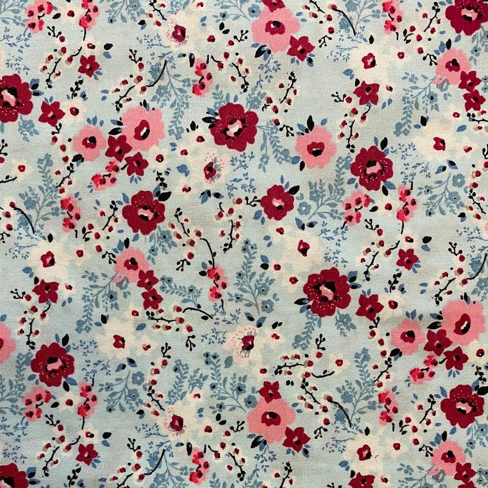 100% Cotton from John Louden - Pink Meadow on Light Blue, per pre-cut fat quarter