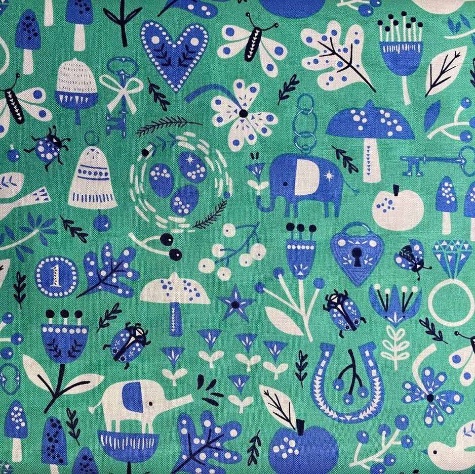 100% Cotton from Dashwood Studios - Lost - Blue and White on Green, per fat quarter