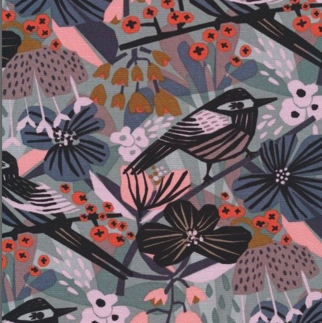Cloud 9 - 70% Organic - Cotton/ 30% linen - Under One Sky - Birds & Blossom, per half metre