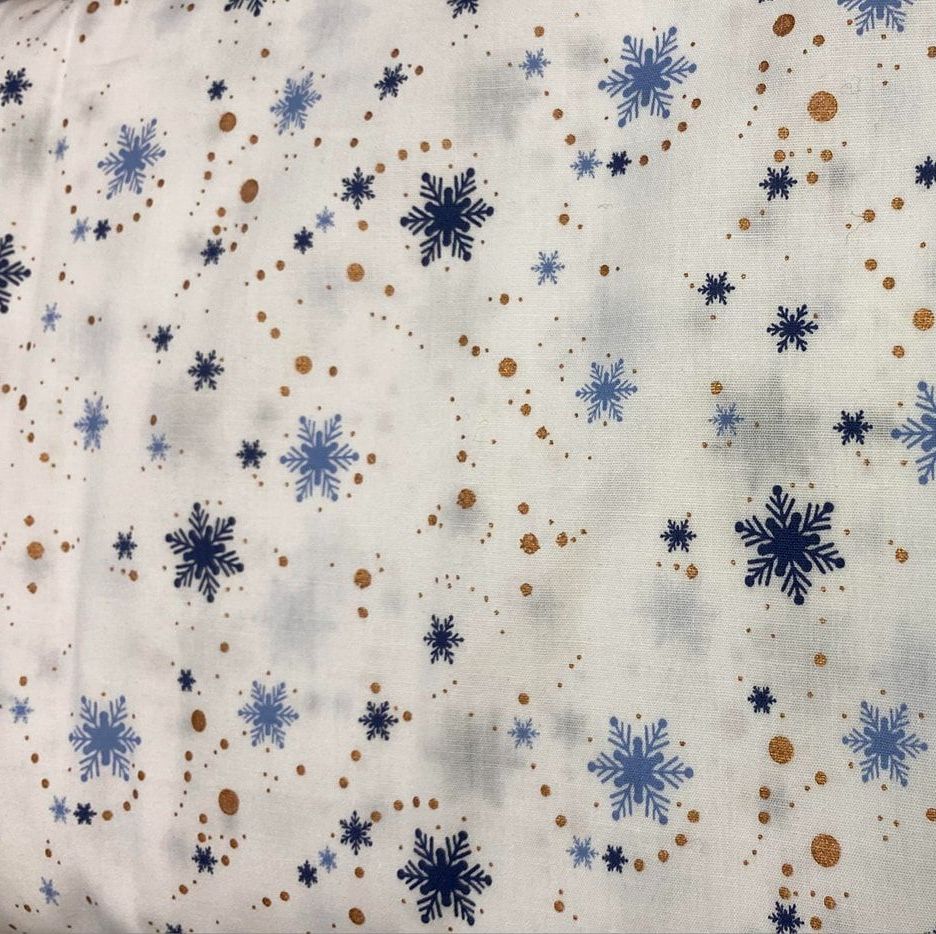 100% Cotton from Stitch It - Festive Blue - Snowflake on Off White, per quarter piece