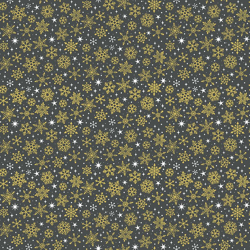 100% Cotton from Makower UK - Snowflakes on Charcoal (with gold metallic detailing), per fat quarter