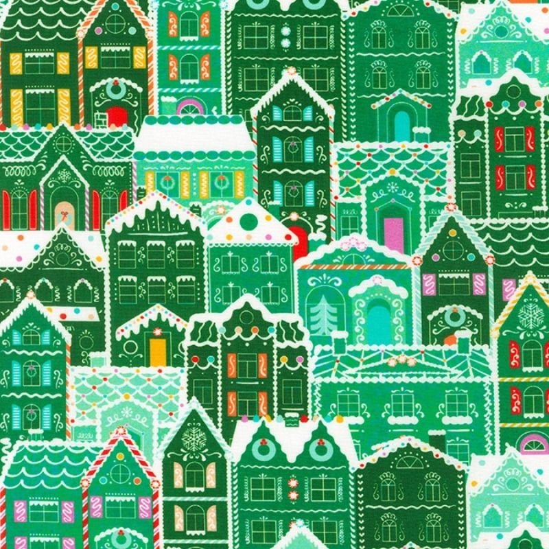 100% Cotton from Robert Kaufman - Tinsel Town - Mint Snowy Village, per fat quarter