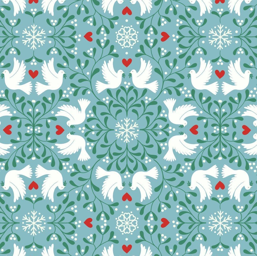 100% Cotton from Lewis & Irene - Hygge Christmas - Doves on Blue (with glow in the dark detailing), per fat quarter
