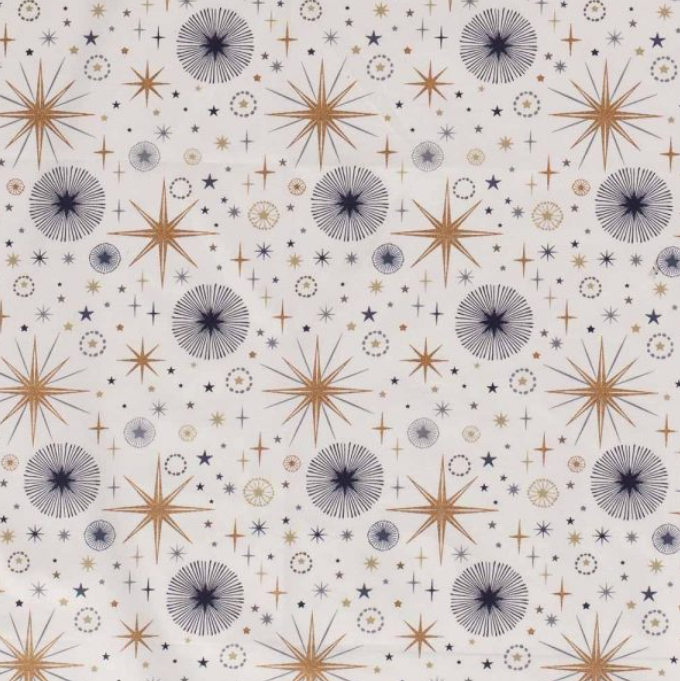 100% Cotton from Stitch It - Festive Blue - Main on Off White, per quarter piece