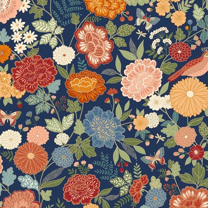 100% Cotton from Makower - Luxe - Large Floral Navy, per fat quarter