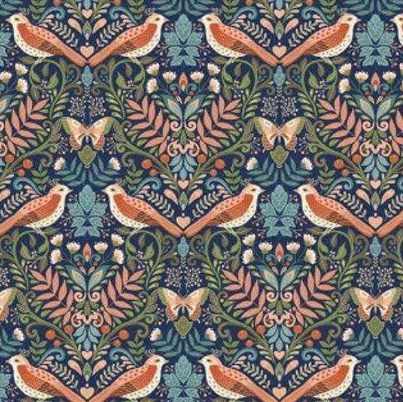 100% Cotton from Makower - Luxe - Damask Birds Navy 2612/B, per fat quarter