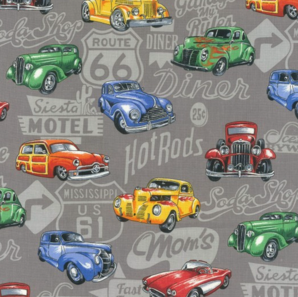 100%  Cotton from Nutex, Hot Rods Col 101, Grey/Multi, per fat quarter