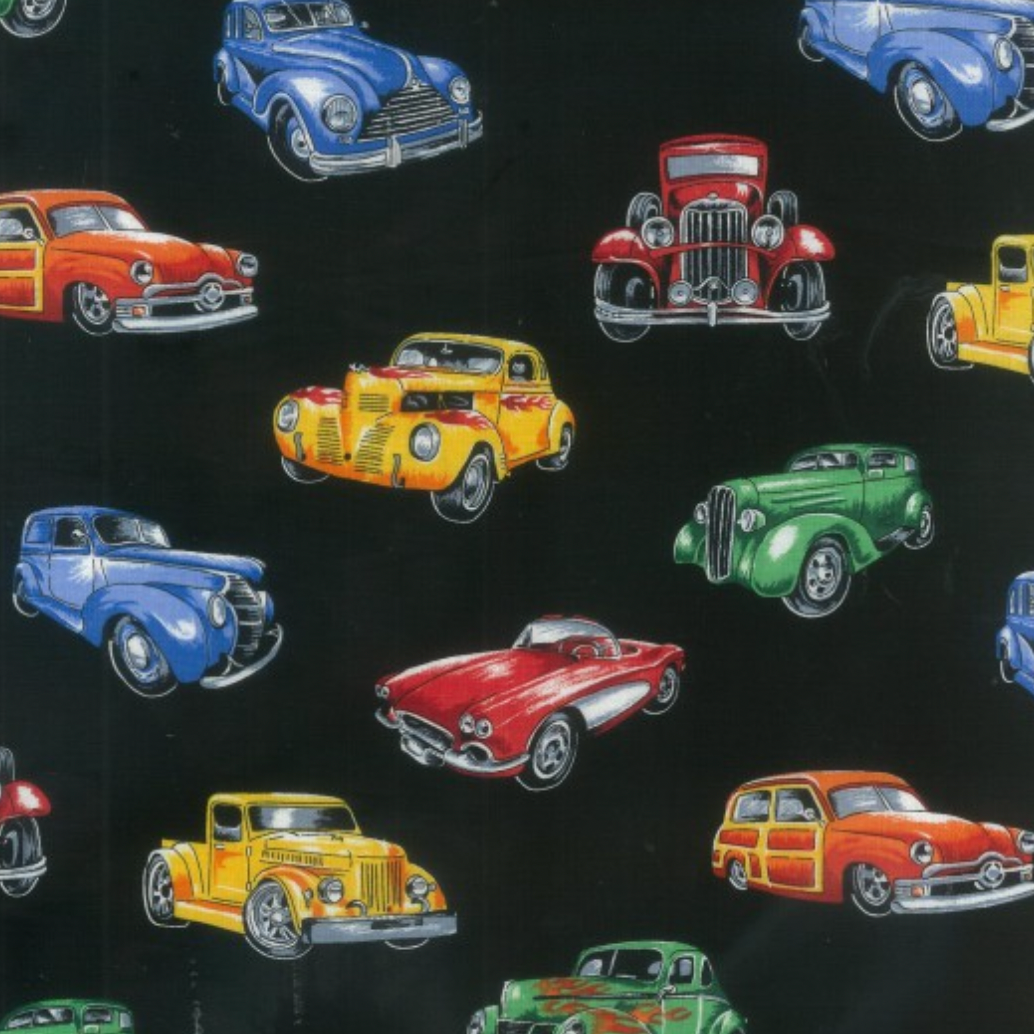 100%  Cotton from Nutex, Hot Rods Col 102, Black/Multi, per fat quarter