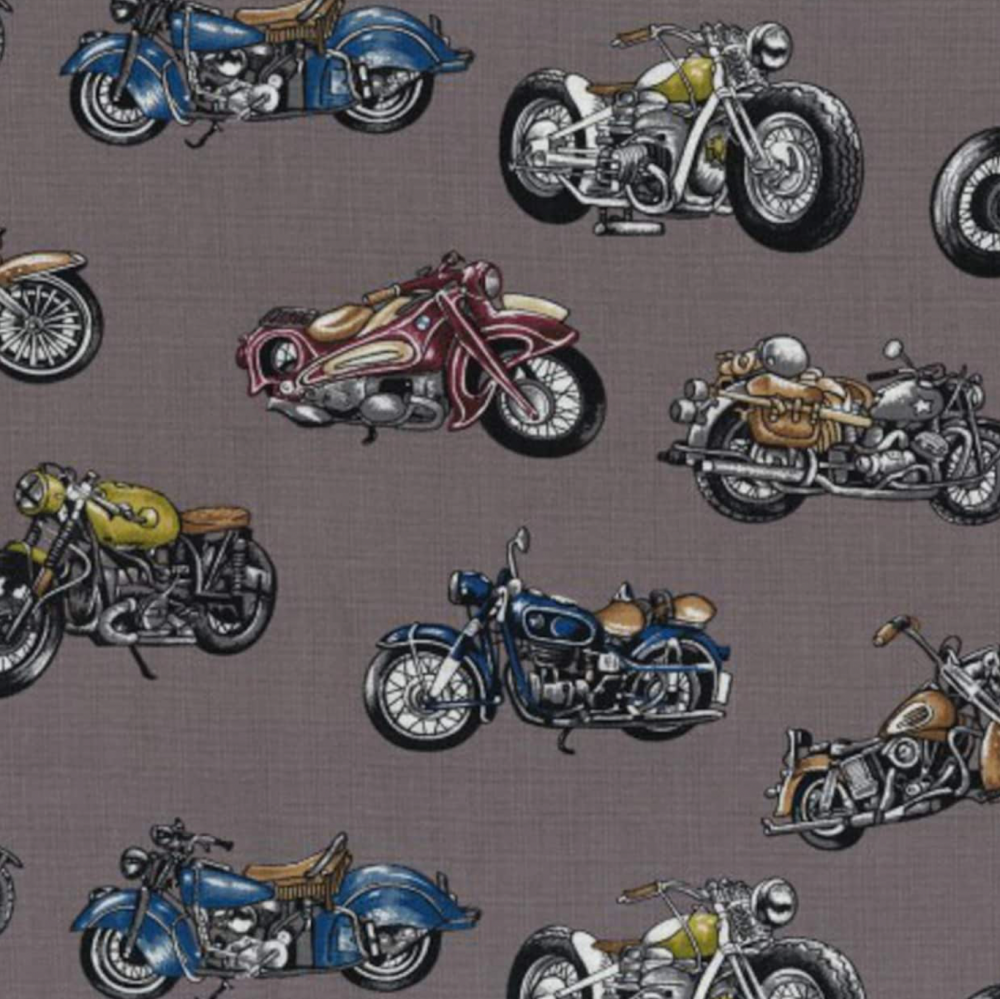 100% Cotton from Nutex - Classic Ride, Harley - Indian Cafe Racer , Purple/Multi, per fat quarter