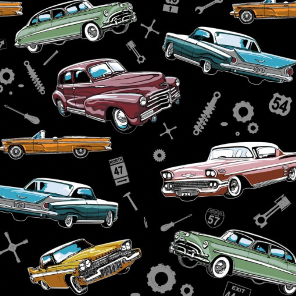 100%  Cotton from Nutex - Classic American Cars, 81200 COL 101 black , per fat quarter