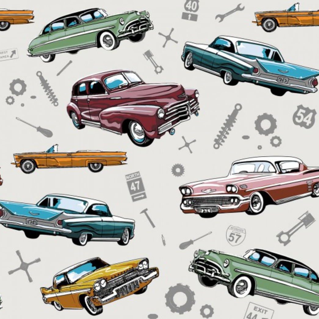 100%  Cotton from Nutex - Classic American Cars,  81200 COL 102 White , per fat quarter