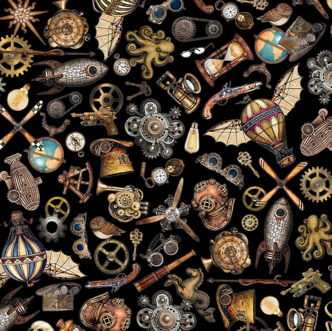 100%  Cotton from Quilting Treasures - Steampunk Adventures - Steampunk Motifs on Black 29563-J, per fat quarter
