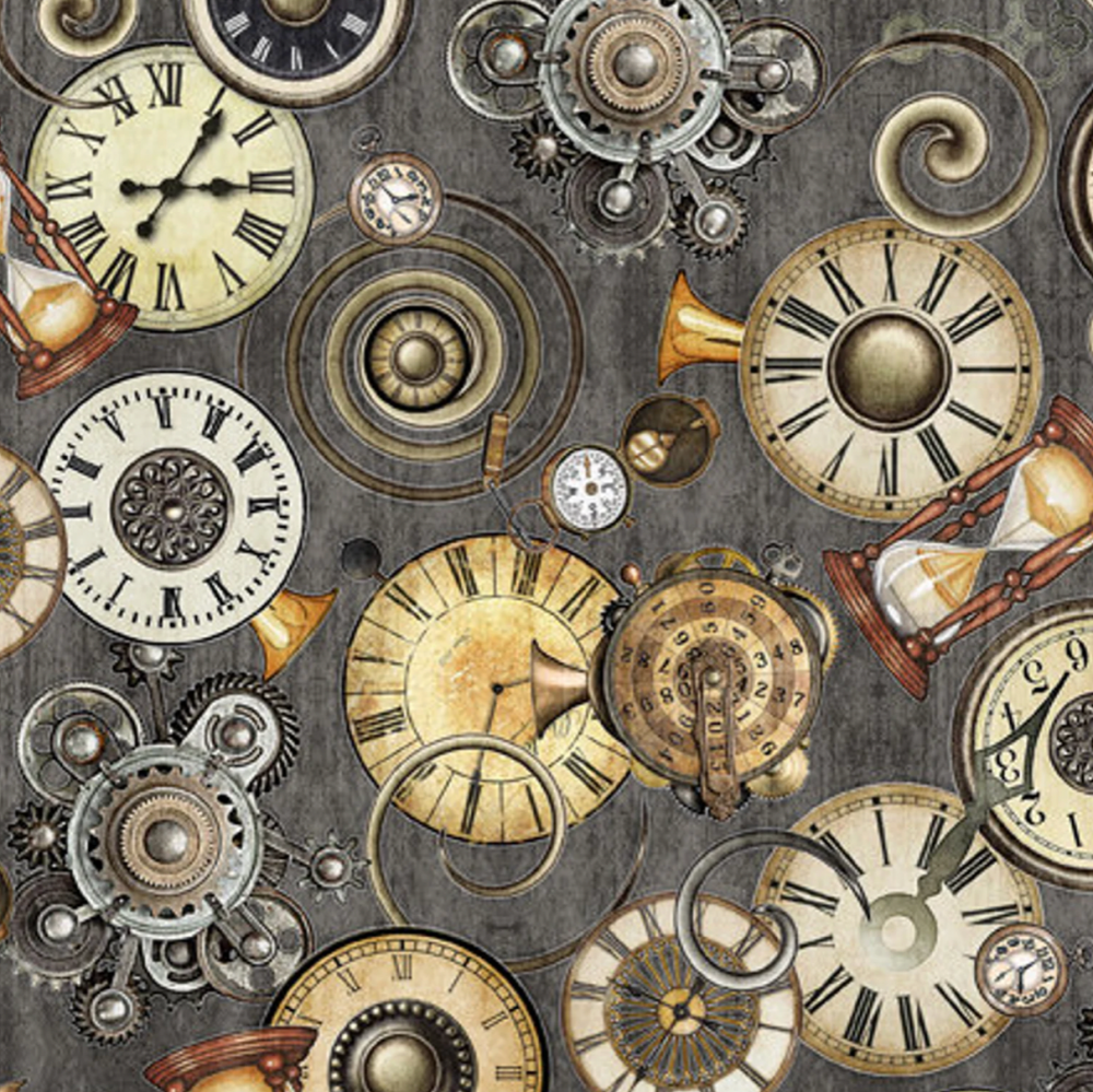 100%  Cotton from Quilting Treasures - Steampunk Adventures -  Clocks on Grey 29568-K, per fat quarter