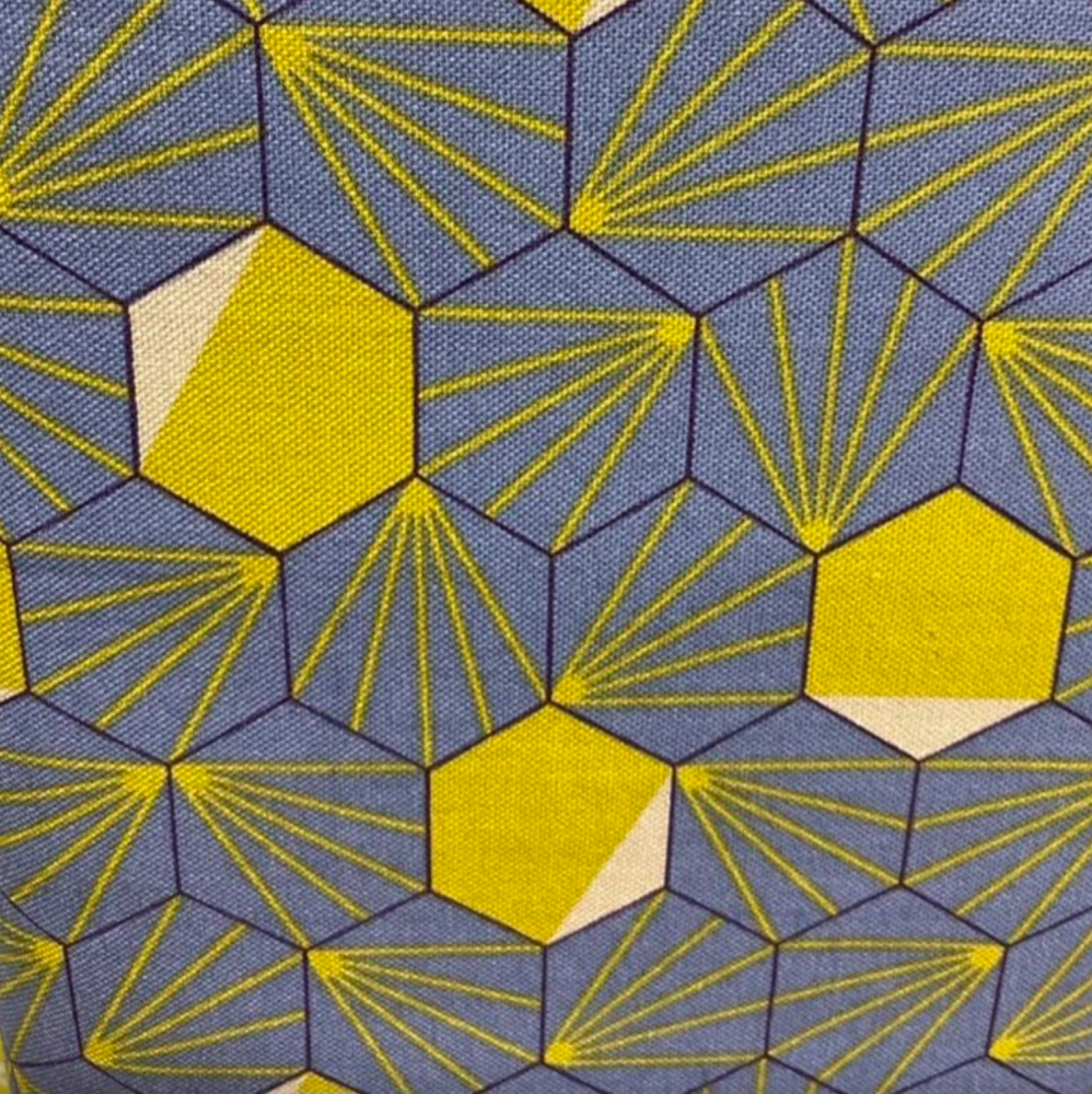 100% Premium Cotton Canvas - Tillisy - Hexies on Blue/Lime,  58" wide - price per half metre
