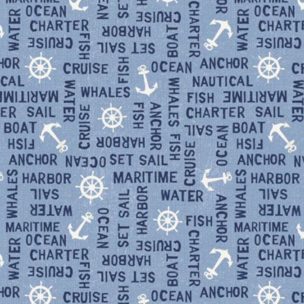 100% Cotton from Wilmington Prints - At The Helm - Light Blue Anchor word Toss  89257/410 per fat quarter