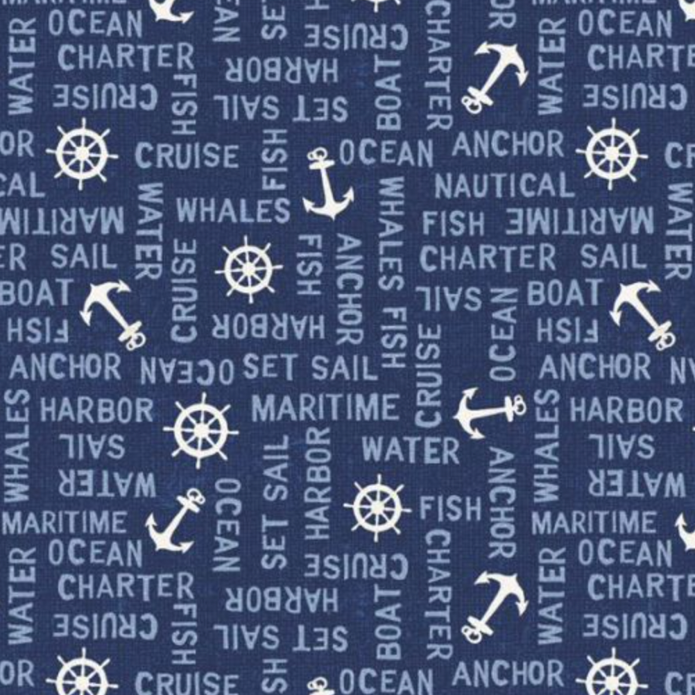100% Cotton from Wilmington Prints - At The Helm - Navy Blue Anchor word Toss  89257/414 per fat quarter