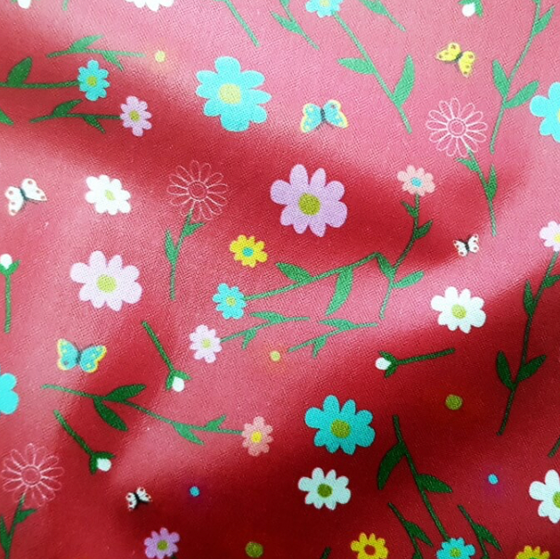 100% Cotton - Eco Laminated  - Waterproof fabric from Sark Textiles - Daisy-Butterfly, Red, 1929-3,  per fat quarter