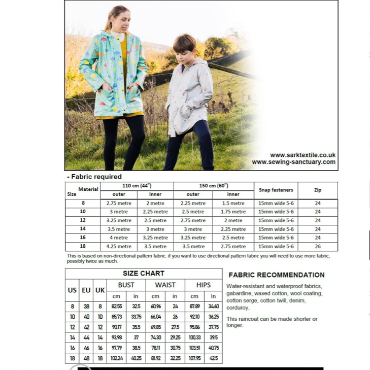  Paper Pattern from Sark Textiles, Mel's Raincoat, waterproof fabric, fabric, various sizes