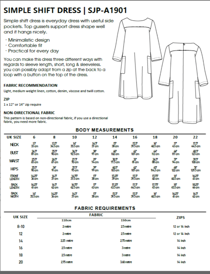  Paper Pattern from Sark Textiles, Simple Shift Dress, Paper Pattern, various sizes