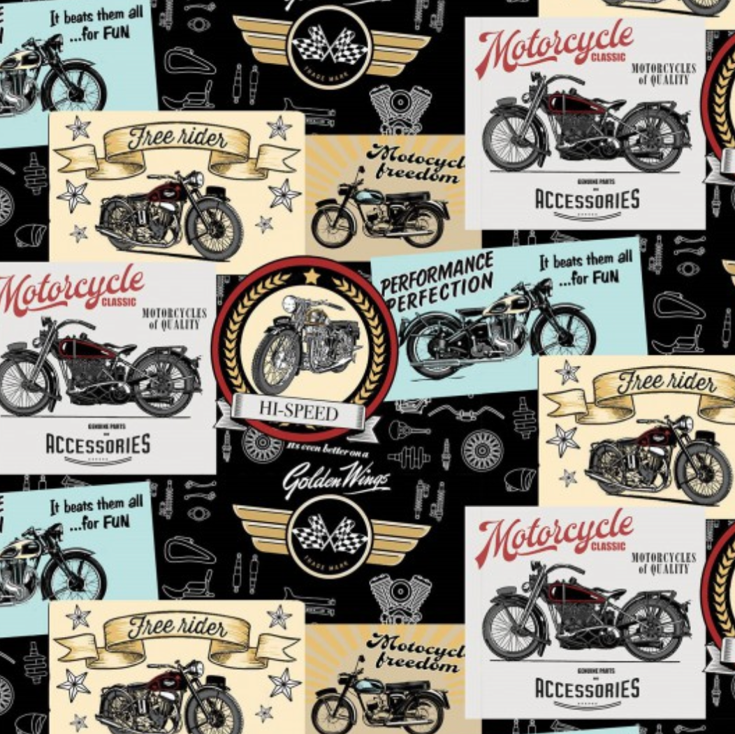 100% Cotton from Nutex  - Live to Ride - Montage Col 101 - Black/Multi, per fat quarter