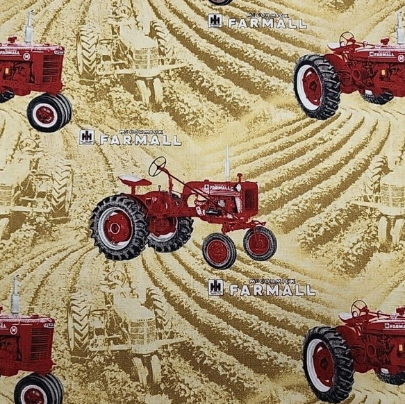 100%  Cotton by Littondale - Farmall Tractor - Red on Beige/Brown, per fat quater