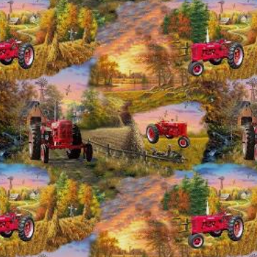 100%  Cotton by Littondale - Country Living Farmall Tractor - Red on a Multi Coloured Country Scene, per fat quarter