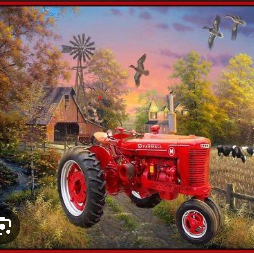 100%  Cotton by Littondale - Country Living Farmall Tractor Panel - Red on a Multi Coloured Country Scene, per fat quarter