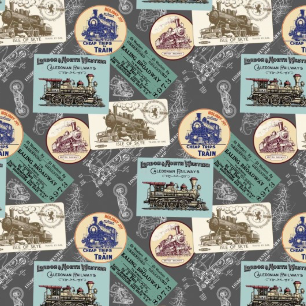 100% Cotton from Nutex - All Aboard - Montage - Dark Grey - Col 101, per fat quarter