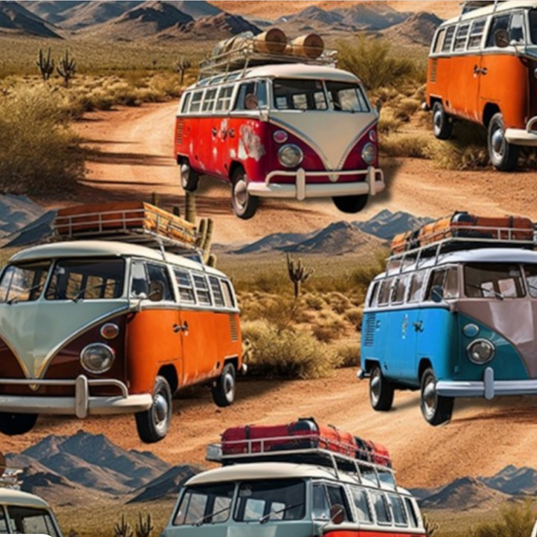 100%  Cotton by KK Fabrics - V W Camper Vans - Cactus , per fat quarter