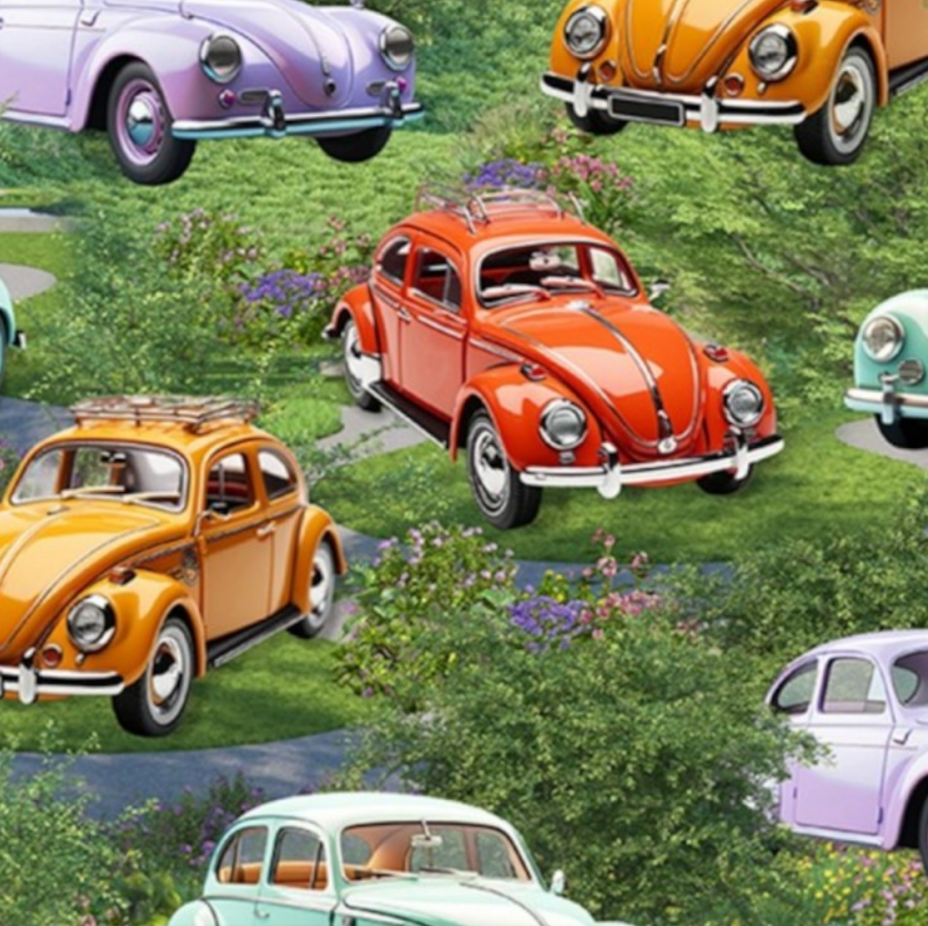 100%  Cotton by KK Fabrics - V W Beetle Cars - on Grass - per fat quarter
