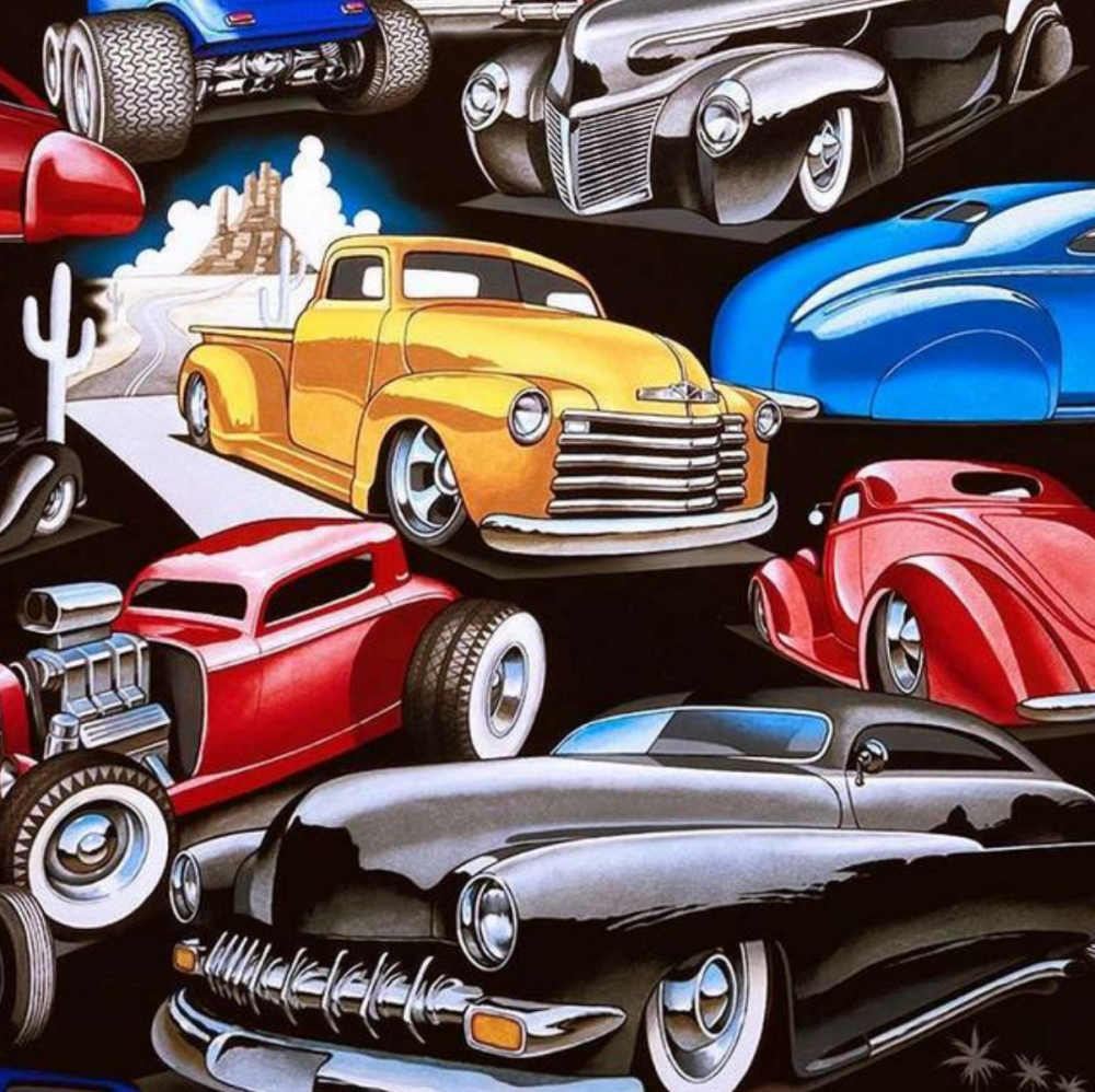 100%  Cotton by Alexander Henry Fabrics - Lead Sleds on Black, Per half metre