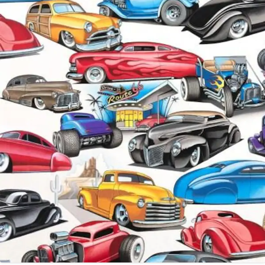 100%  Cotton from Alexander Henry Fabrics - Lead Sleds on White, per half metre