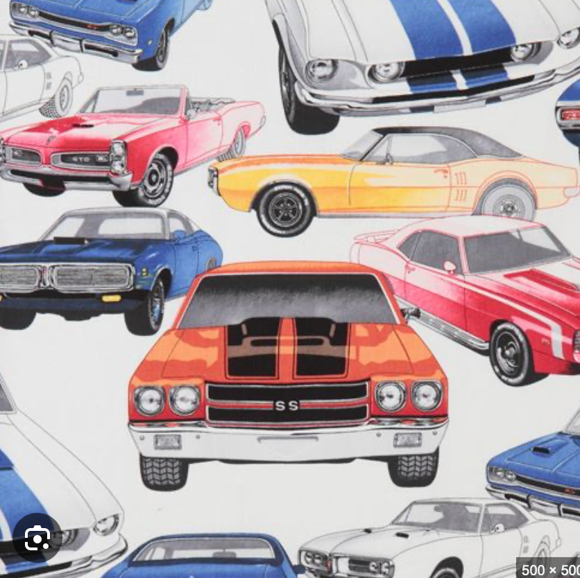 100%  Cotton from Alexander Henry Fabrics - Pure Muscle Cars on White, per half metre