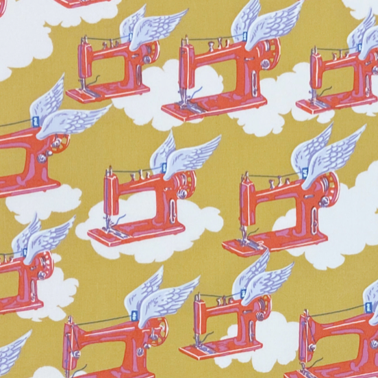 100% Cotton by Alexander Henry Fabrics - Flying Machines, Sewing Machines with wings, Chartreuse, per half metre