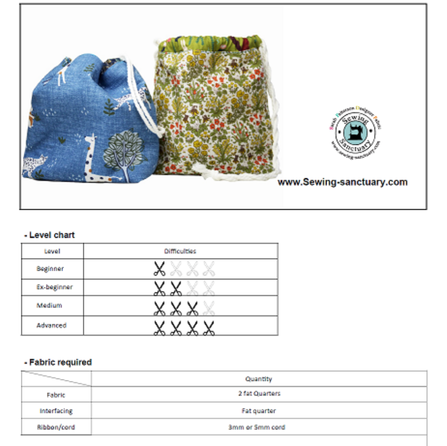  Paper pattern from Sark Textiles Little Drawstring bag, Paper Pattern,