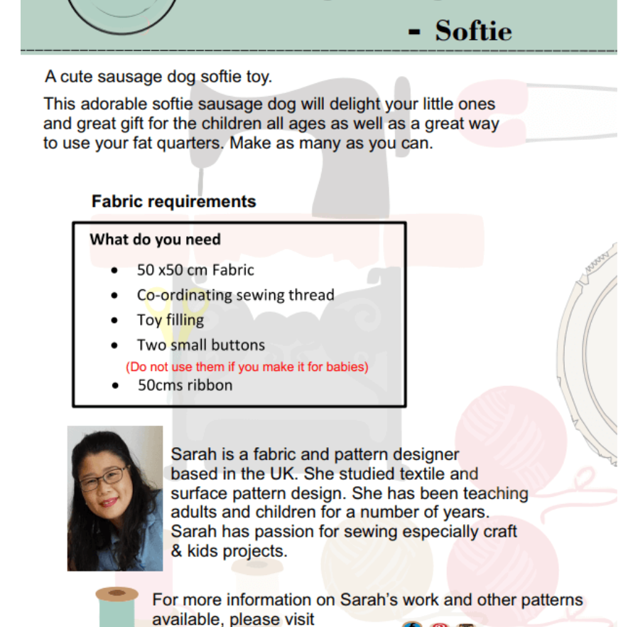 Paper Pattern from Sark Textiles,Sausage Dog - softie