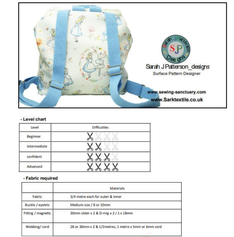  Paper pattern from Sark Textiles, My Sweet Backpack,