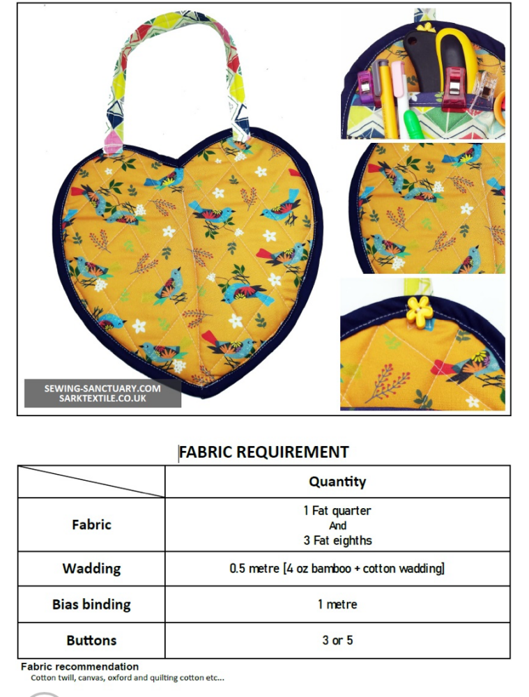 Paper pattern from Sark Textiles, Hanging Heart Organiser, Paper Pattern,