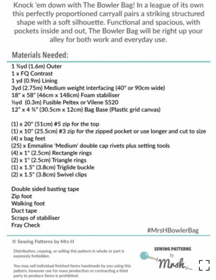  Sewing Patterns by Mrs H - The Bowler Base -, Paper Pattern,  fabric required